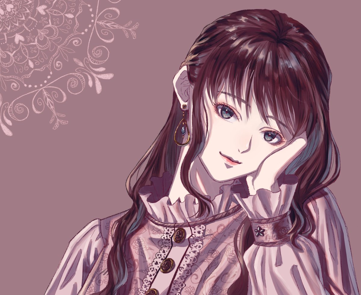 1girl solo earrings jewelry long hair brown hair looking at viewer  illustration images