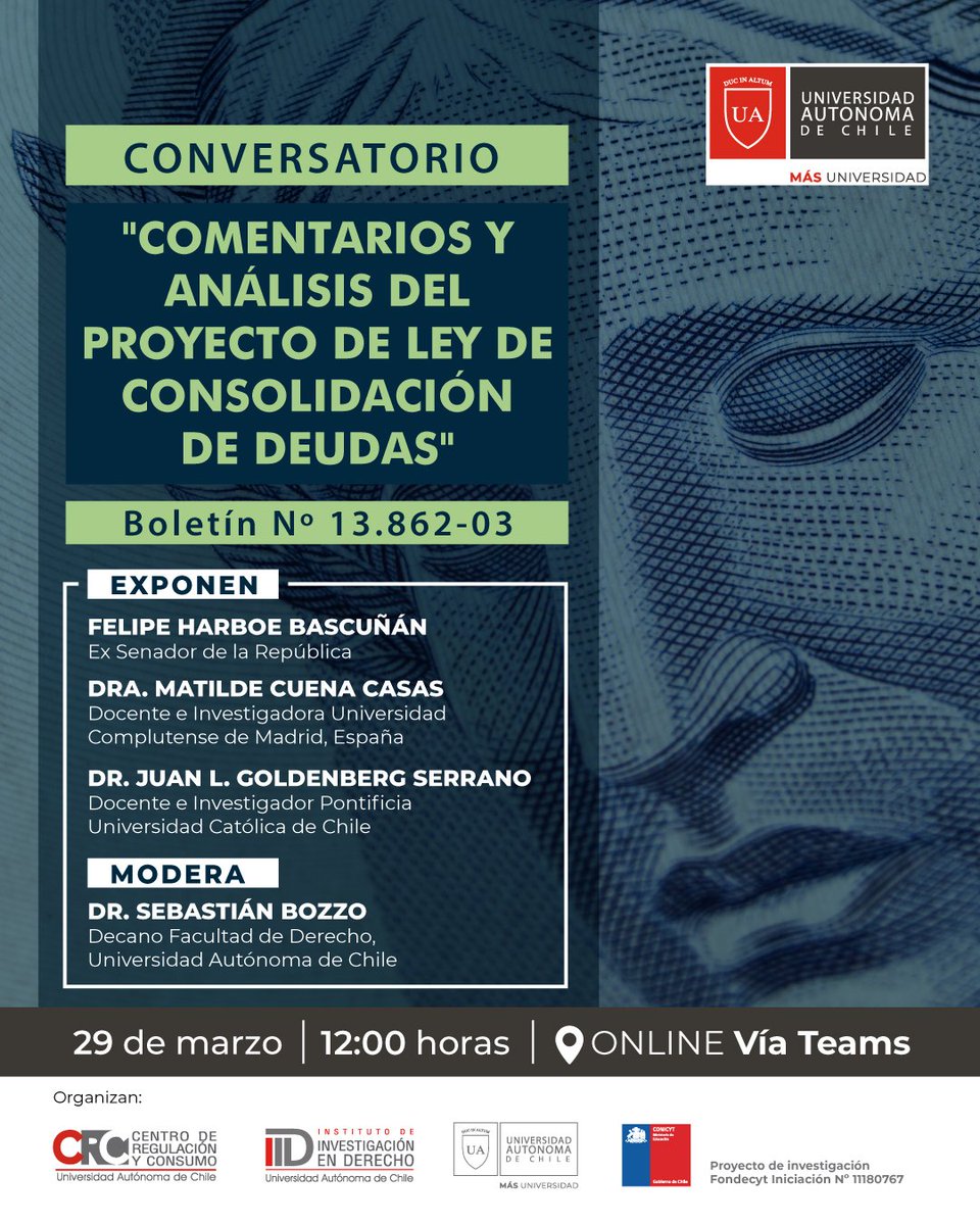 Lunes 29 de marzo webinar sobre Proyecto de Ley de Consolidación de Deudas. Inscripciones: bit.ly/37CNy3t
<a href="/BozzoSebastian/">Sebastian Bozzo Hauri</a>
<a href="/JuanGoldenberg/">Juan Luis Goldenberg</a> <a href="/felipeharboe/">Felipe Harboe B</a>
<a href="/autonomadechile/">Universidad Autónoma de Chile</a>
#consolidaciondeudas
#webinar