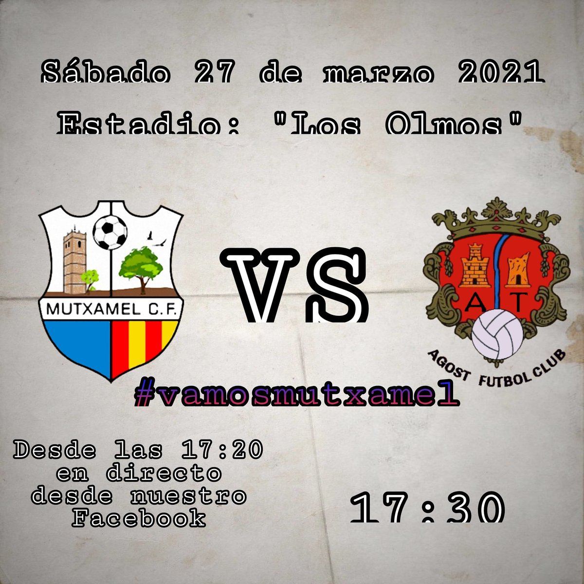1969Mutxamel's tweet photo. Vuelve la liga a "Los Olmos"!!!!

🆚@agostfc

📅27/03/2021

🏟️"Los Olmos"

🕠17:30

Desde las 17:20 estaremos en directo en nuestra cuenta de Facebook con los comentarios de nuestro narrador https://t.co/7Voeh5PAmB