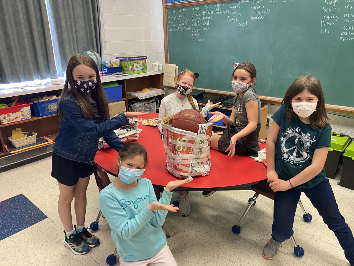 HarwichRaleigh's tweet photo. Stem challenge in Grade 4/5. Build a structure as tall as you can, limited masking tape, and needs to hold a basketball for 20 seconds. All 4 groups passed the weight test! Students shared they loved hearing the ideas of others and the teamwork. Creative minds at work! https://t.co/HqTnSPjjkR