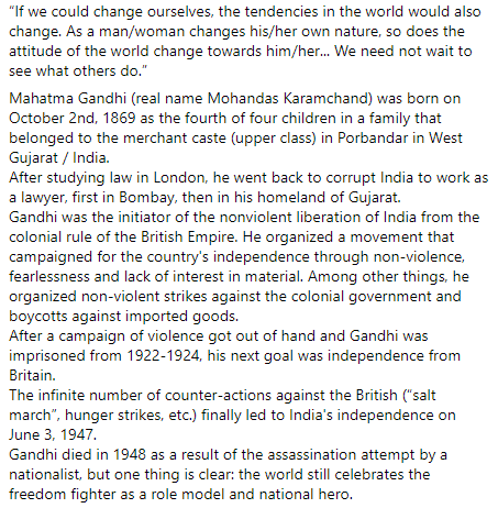 ServiceAbroad's tweet photo. โIf we could change ourselves, the tendencies in the world would also change."
Mahatma Gandhi was born on October 2nd, 1869 in Porbandar in West Gujarat / India.
#austrianserviceabroad #serviceabroad #voluntarywork #ahimsa #nonviolence #independence https://t.co/4hx0lgiNgQ