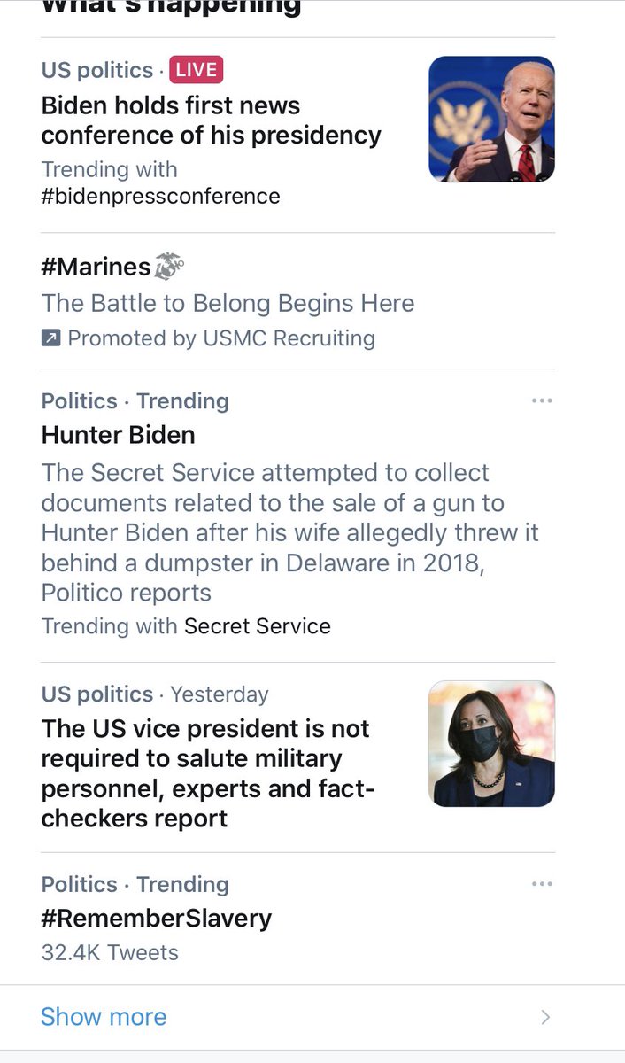 JohnMatthews85's tweet photo. The #whatshappening tab in my @Twitter app couldn’t better represent the ridiculousness of our time. #KamalaHarris #Salute #bidenpressconference #RememberSlavery #didweforget ? #HunterBiden #GunControl ? #Nope #Marines #socialjusticeispoison https://t.co/FRU8seixK3