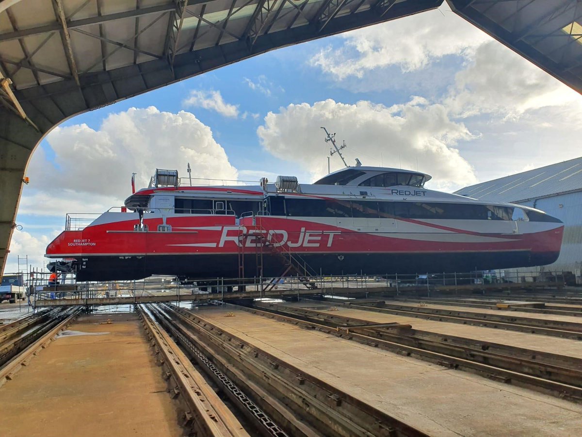 WightShipyard's tweet photo. Red Jet 7 originally built by Wight Shipyard Co in 2018 in for annual service ensuring the safety of passenger and staff whilst maintaining links to the Isle of Wight. #vesselrepair #fastcat #refit https://t.co/DOL8ZnRSIs https://t.co/uveUJyECNH