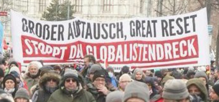IbDoku's tweet photo. Die IB zeigt sich damit als Krisengeier anpassungsfähig. Nach der "Flüchtlingskrise" und der Erzählung vom "Großen Austausch" wird in der #Corona-Krise "Der große Reset" hervorgezaubert. Demos von Coronaleugner*innen drückt die IB damit ihren politischen Stempel auf, vgl #w161. https://t.co/R1Vy2hfDHR