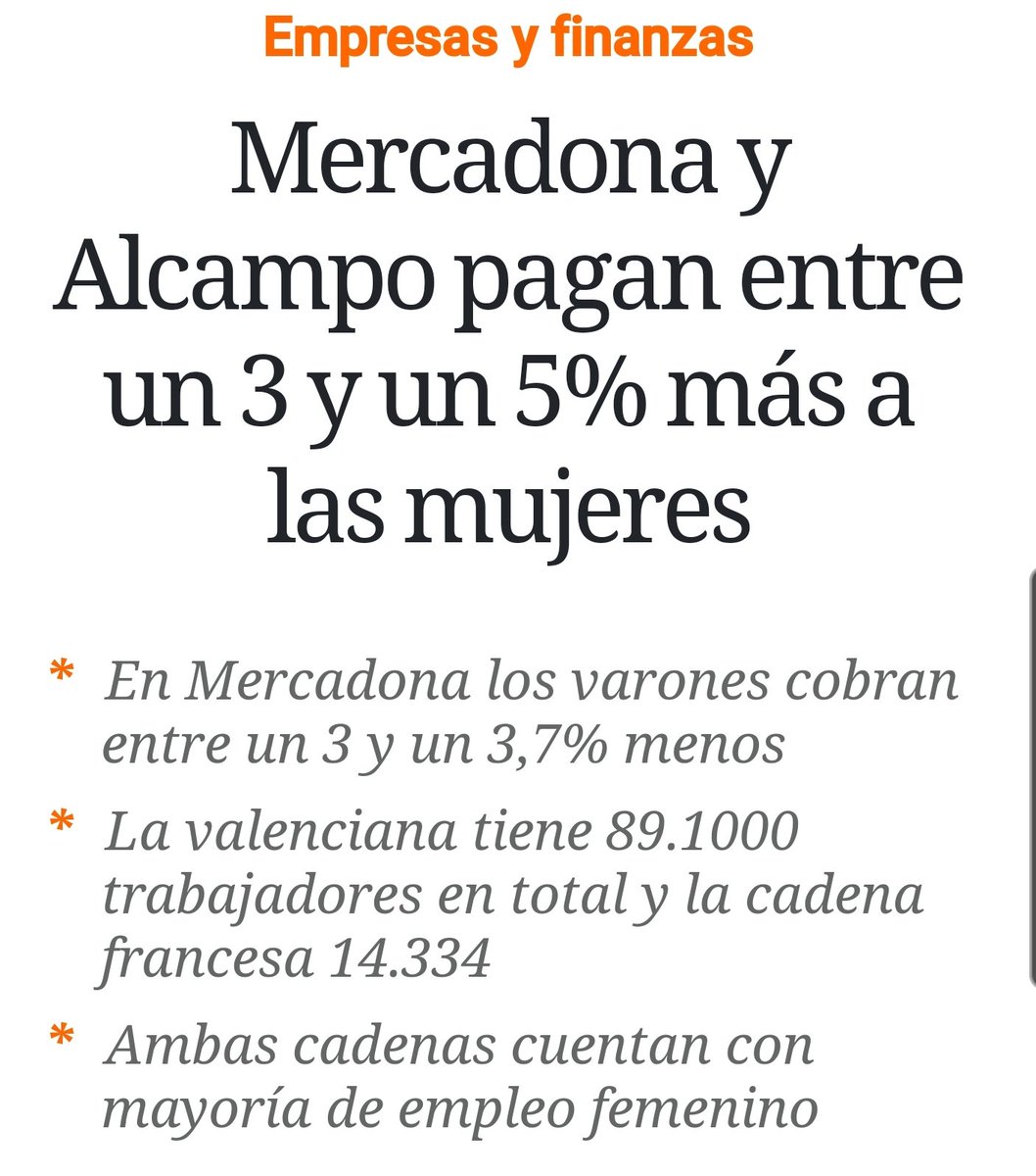 roma_gallardo's tweet photo. Esto está mal expresado. 

La forma correcta sería:
Mercadona y Alcampo pagan más a la gente con mayor categoría

Como toda empresa. Y si las mujeres de esa empresa tienen más presencia en puestos mejor remunerados, el resultado es el que se refleja en esa foto. Ni más ni menos. https://t.co/2oO1KAS0Zr