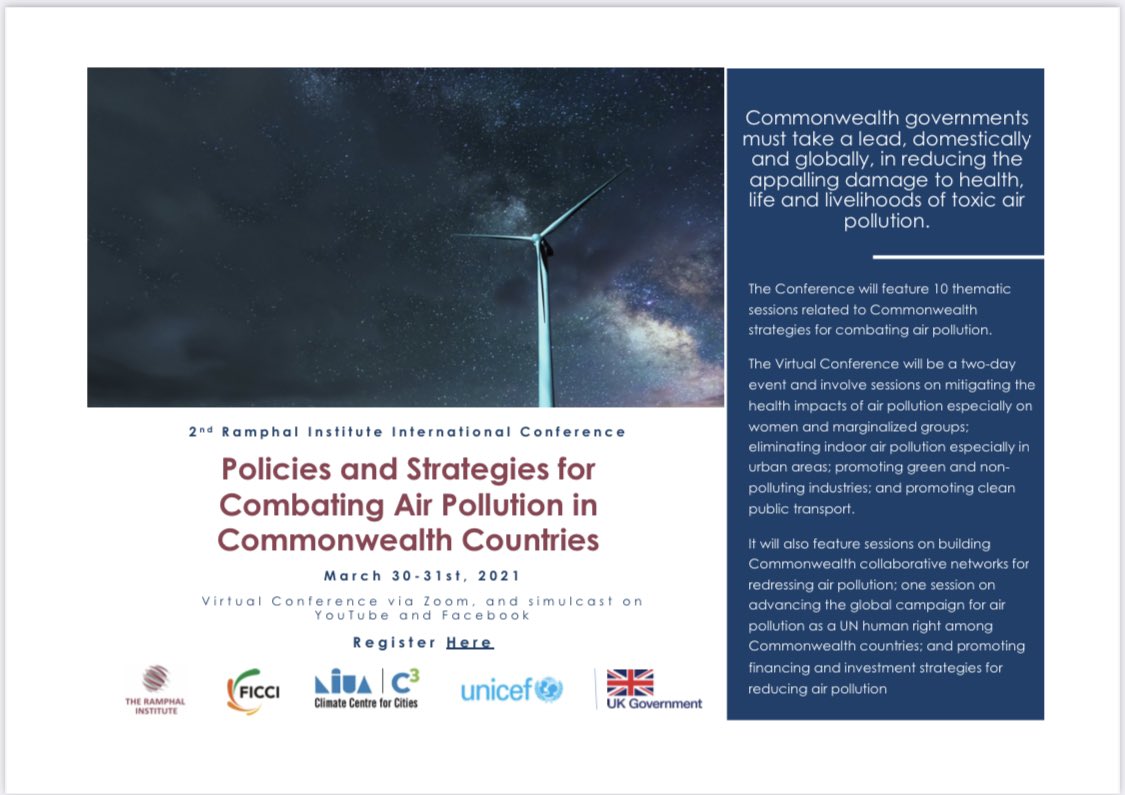 Join our partner @Ramphal_Inst on the policies and strategies for combating air pollution in the Commonwealth.
Register at registrations.ficci.com/icpsfc/online-…, March 30 - 31st, 2021.  @uday_nagaraju @nehadewan96 @AI_PolicyLabs #thecommonwealthproject