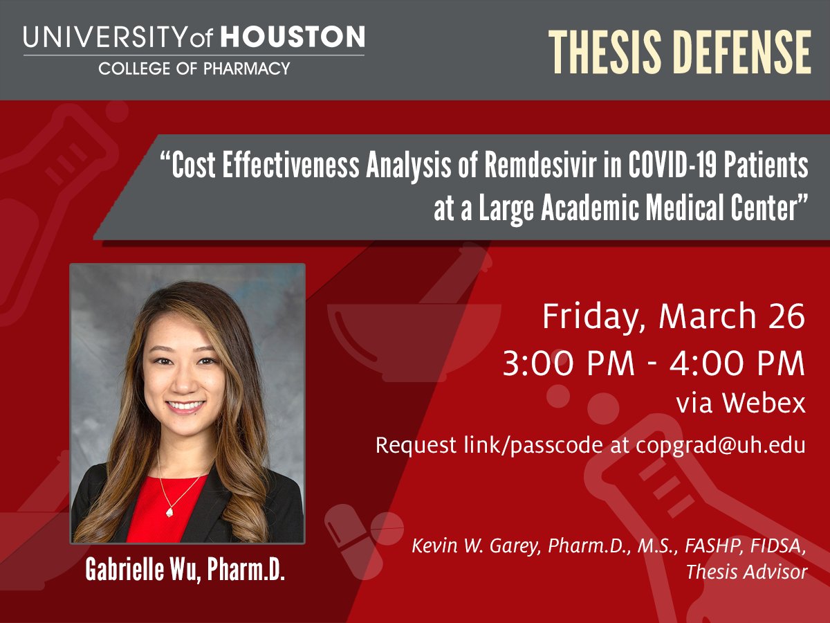 HoustonProgram's tweet photo. THP's Gabrielle Wu, Pharm.D.,
@MethodistHosp HSPAL PGY-2 resident, will defend thesis, "Cost Effectiveness Analysis of Remdesivir in COVID-19 Patients at a Large Academic Med Center," at 3 p.m. March 26.
#TheHoustonProgram | #Pharmacy | #Leadership | #THPAlumni | #THPRPDs https://t.co/scj7N8iWoK