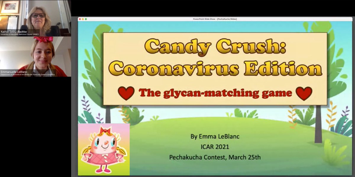 Super creative and fun #PechaKucha talks at #ICAR2021 including one from our lab’s <a href="/emmavleblanc/">Emma LeBlanc</a> teaching us how to play candy crush with viruses and glycans! Well done Emma and other contestants!