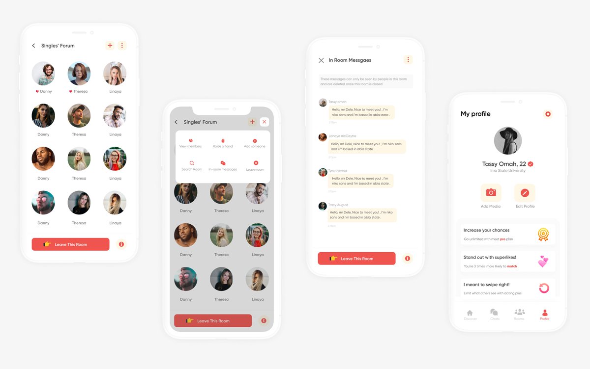 TassyOmah_'s tweet photo. Worked on a dating app.

Allows you to like people and match with them, directly send messages to, join rooms to chat and meet people, create rooms for others to join.

@coker_oluwafemi @druids01 @SpontaneousKemi 
#designwithkem https://t.co/nw45uHVJai