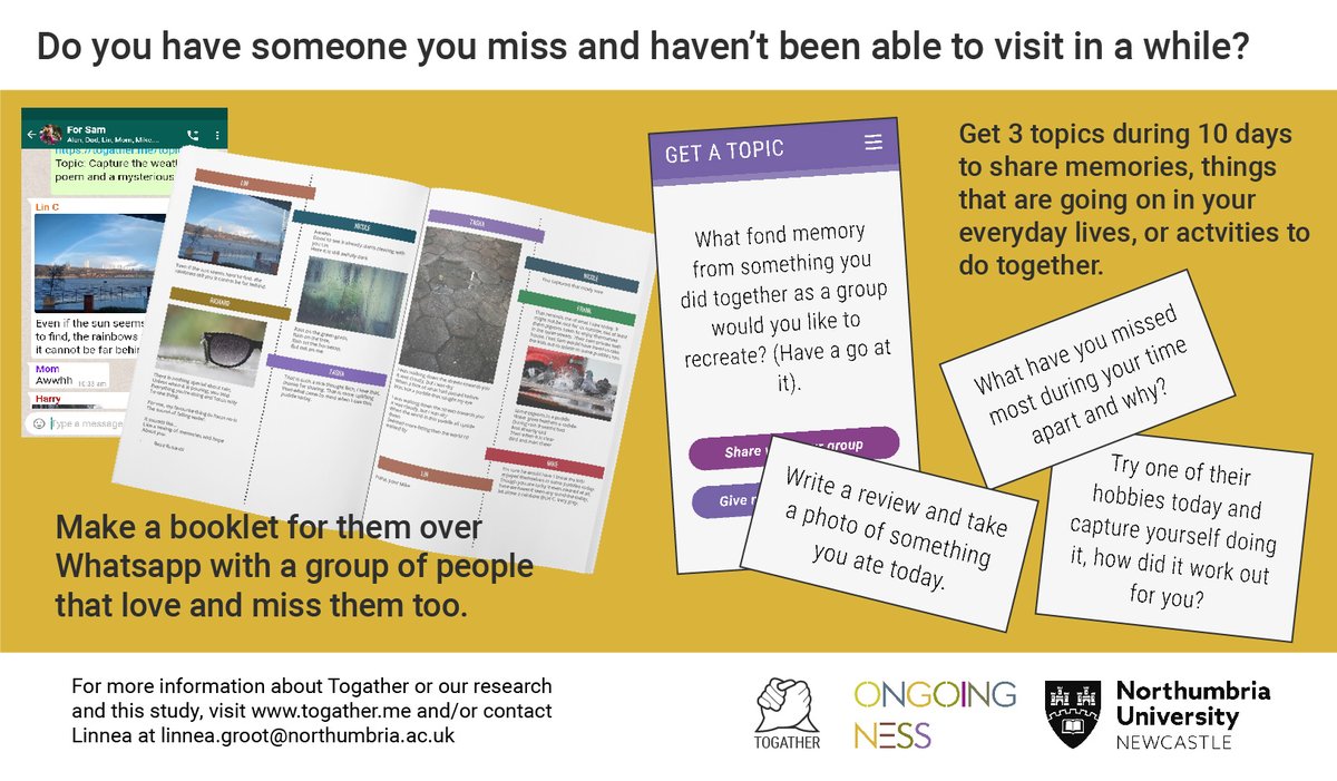 ongoingness's tweet photo. 10 days, 3 topics, #share, #remember or get #creative with your #family or #friends on #WhatsApp and make a booklet for someone you miss with #Togather. We are looking for groups to #participate in our #study and as thanks we will print your booklet to make a thoughtful #gift. https://t.co/pqmNYkYGIP