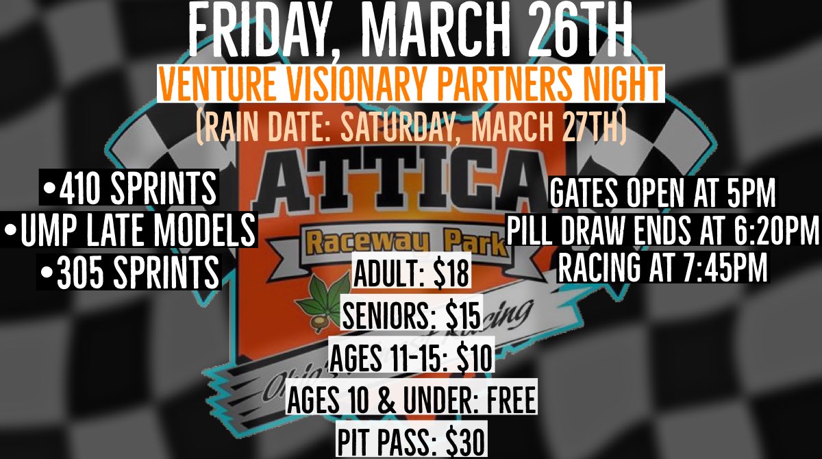 atticaracewyprk's tweet photo. UPDATE FOR FRI, MARCH 26th: 
Racing Friday at regular scheduled time. We will evaluate rain &amp; wind situation come Friday morning. If unable to race Friday, we will race Saturday
FRIDAY: 
Gates open at 5pm
Racing at 7:45pm
RAIN DATE SATURDAY: 
Gates open at 3pm
Racing at 6pm https://t.co/l7IgAhjOT3