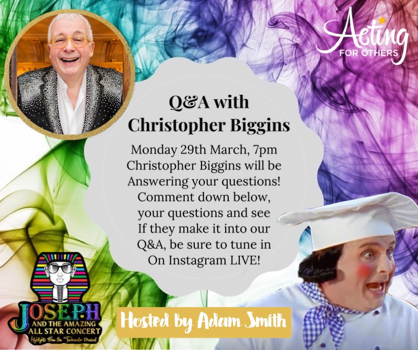 Joseph and the Amazing All Star Concert (@josephconcert) on Twitter photo Join our Presenter <a href="/adamkidsmith/">Adam Smith</a> live on Monday 29th at 7pm on our Instagram page <a href="/JosephConcert/">Joseph and the Amazing All Star Concert</a>. As he talks to <a href="/onebiggins/">Christopher Biggins</a> , Baker in Joseph! Comment and leave your question you would like to ask Chris and you will get a mention! 🌈 Join our Presenter <a href="/adamkidsmith/">Adam Smith</a> live on Monday 29th at 7pm on our Instagram page <a href="/JosephConcert/">Joseph and the Amazing All Star Concert</a>. As he talks to <a href="/onebiggins/">Christopher Biggins</a> , Baker in Joseph! Comment and leave your question you would like to ask Chris and you will get a mention! 🌈