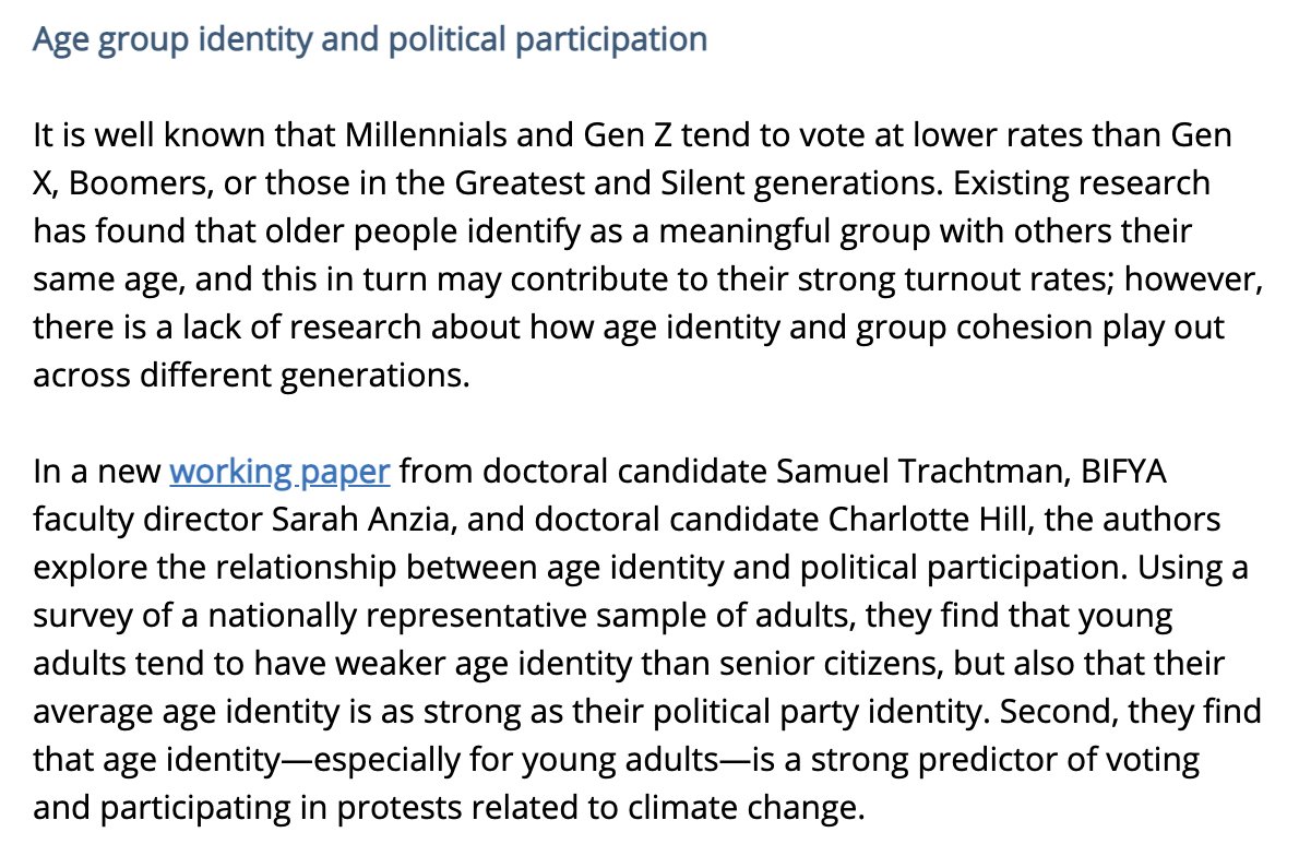 hill_charlotte's tweet photo. My new working paper lead by @SamTrachtman and @SarahAnzia: the strength of young people's age identity predicts their voting rates and likelihood of participating in climate change protests! Paper here: https://t.co/adF6tFyrpt. https://t.co/jli46SfRta