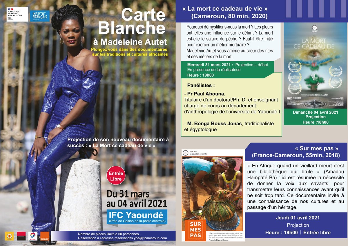 YAOUNDÉ
#CarteBlanche à <a href="/AutetMadeleine/">Autet Madeleine</a>  
Plongez vous dans les traditions et cultures africaines. 
Du 31 mars au 04 avril, nous vous proposons des échanges avec la réalisatrice et une immersion dans ses documentaires 🤩
#ÀNePasManquer
