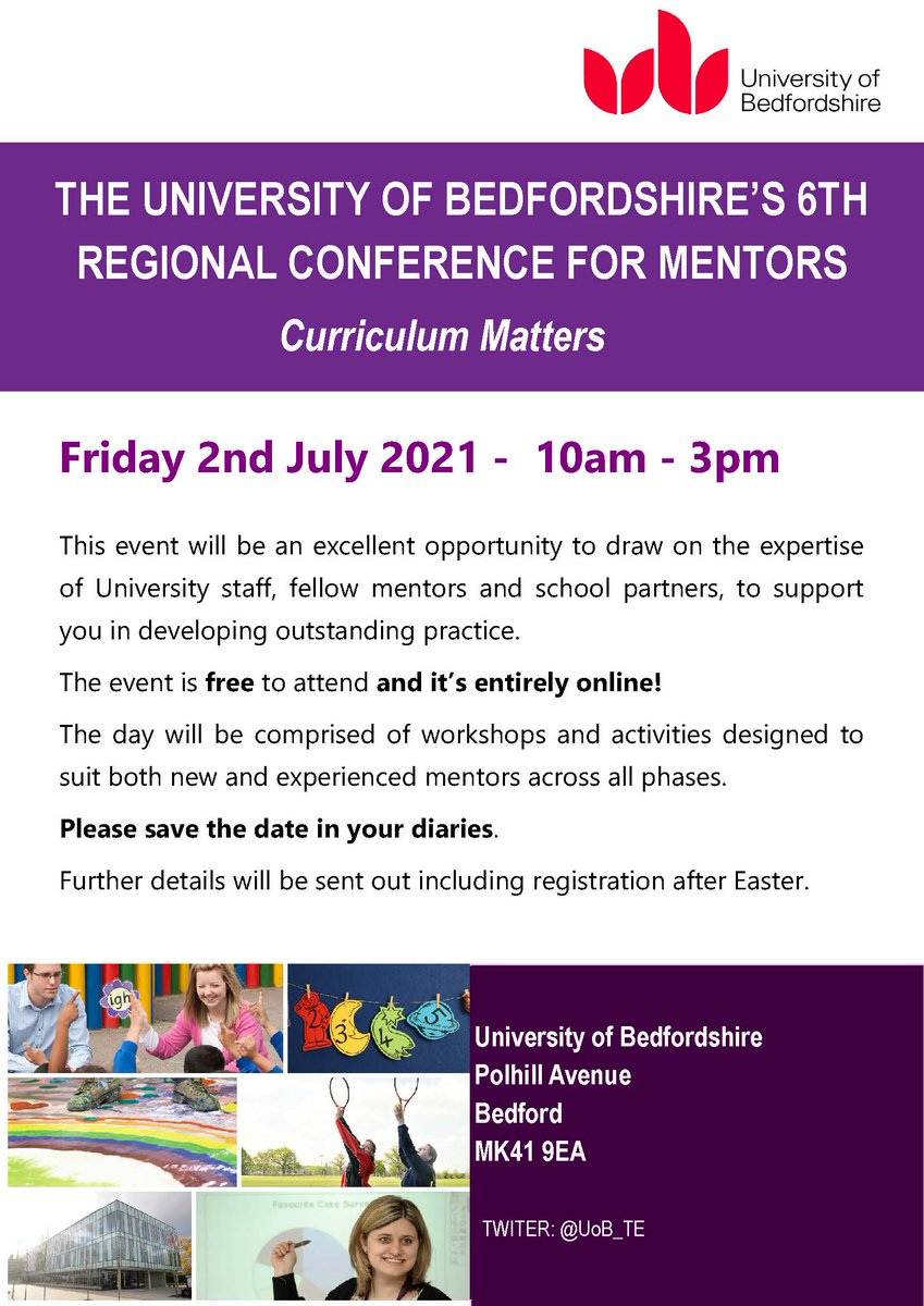DATE FOR YOUR DIARIES:
We are pleased to announce the @UoB_TE 6th Regional Conference will be held on Friday, 2nd July 10am-3pm.
Please save the date in your diaries! #TEMentorConference2021 
<a href="/JonathanGunn69/">Jonathan Gunn</a> <a href="/englishspecial/">Dr James Shea</a>
