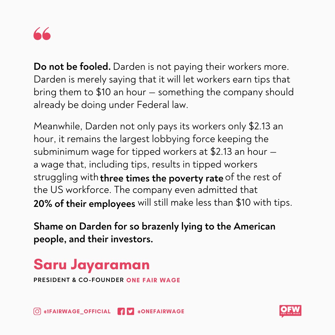 One Fair Wage on Twitter: "This morning, @darden announced that every hourly  worker at its restaurants will earn at least $10 an hour, including tip  income. The company said that in January