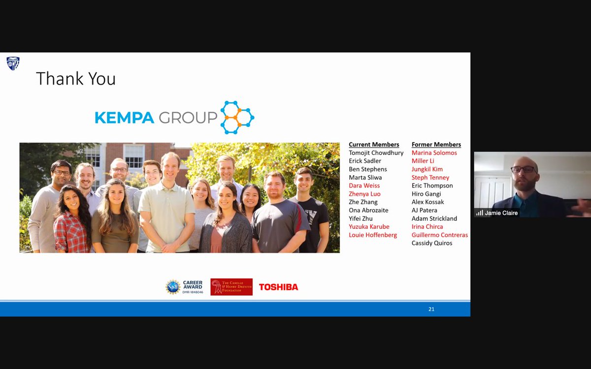 TomKempa's tweet photo. Congratulations Jamie @fjclaire on an excellent Ph. D. defense!! @Kempa_Group and @JHUChemistry are proud of you Dr. Claire. You regaled us with tales of new and responsive #MOFs and new (gas-phase) methods of making them. https://t.co/Ie7gLCnlAi