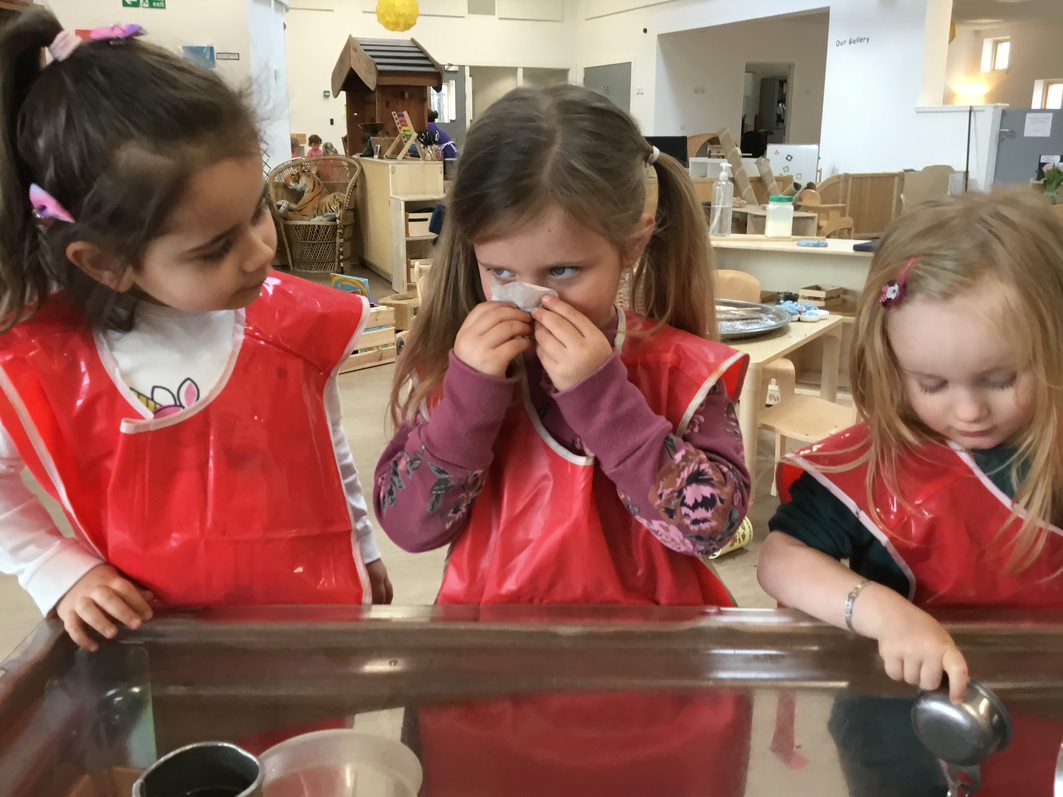 MenstrieELC's tweet photo. We added teabags to the water tray following children's interest in making tea with the teapot in the water. Lots of discussions with friends about the smell and what it was, S "it smells like toothpaste", L "smells like cake", A "it smells like flower". https://t.co/IHK2MyHdLF