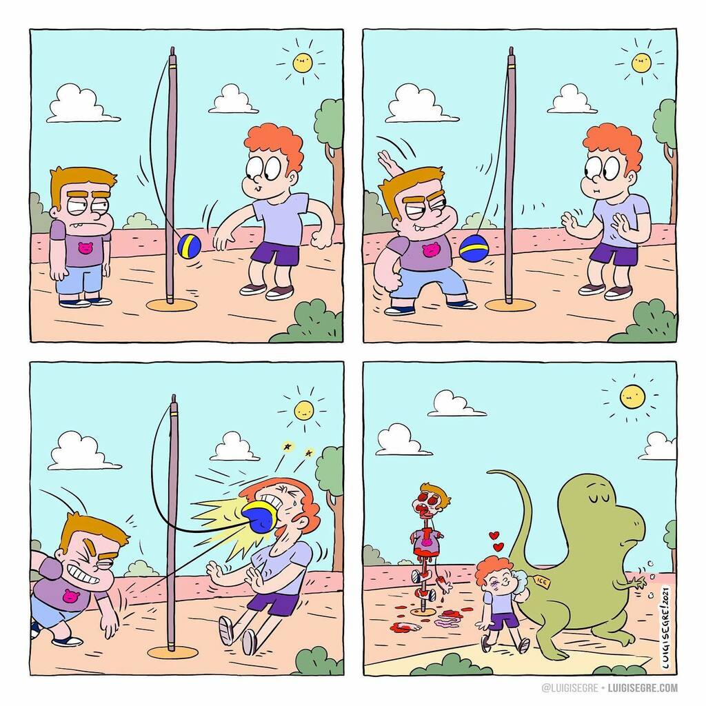 🦖 my friend is a killer by #luigisegre • #die or #dinosaur ⚽️ kid skewer 😋 follow @luigisegre 🍖 #myfriendisakiller #instacomics #igcomics #comics #webcomic #webtoon #darkhumor #death #humor #cartoon #cartoonist • #quarantinelife #emergency #extin… instagr.am/p/CM2YcNEDYMW/