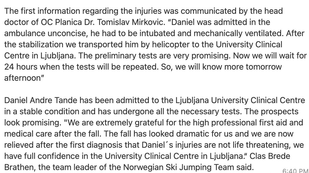 FIS World Cup #Planica: Here's an update concerning the condition of Daniel Andre Tande after his crash in today's trial round.
#skijumping #skiflying #FISskijumping #GetWellSoonDaniel