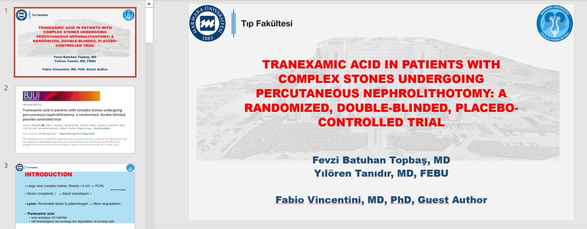 MarmaraUroloji's tweet photo. It is a pleasure for us to host @VicentiniUro in our Journal Club. 

We discussed an interesting study recently published and will be a game-changer in PCNL on the use of Tranexamic acid in patients with complex stones.

#UroSoMe 
@BJUIjournal 
  
https://t.co/Qy1Fdbpfnj https://t.co/UuKFVLYRwX