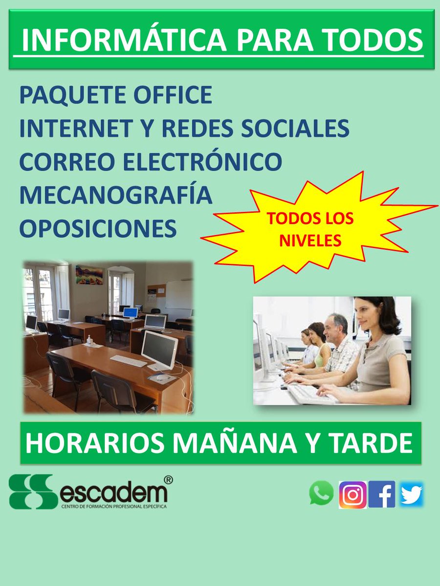 Escadem's tweet photo. Clases de #Informática para todos! Ven, resuelve todas tus dudas y aprende a manejarte por la red! Clases Grupales e Individuales ¡¡Infórmate!! Horarios #Mañana y #Tarde #ESCADEM Tlf. 985521818/656531331 https://t.co/VHiZ7E23QY