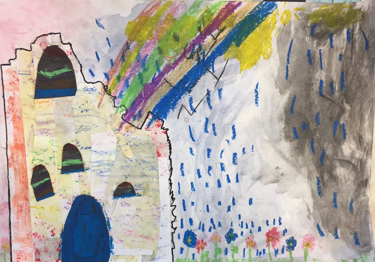 JaneCarlisleArt's tweet photo. So delighted with the results of the ruined castle art project done with #ks1 children! Influenced by the watercolour skies of @ianscottmassie and mixed media castles of Adam King, each 4-6 yr old has created an individual artwork to be proud of 👌 #kidsart https://t.co/wi9RBboGRL