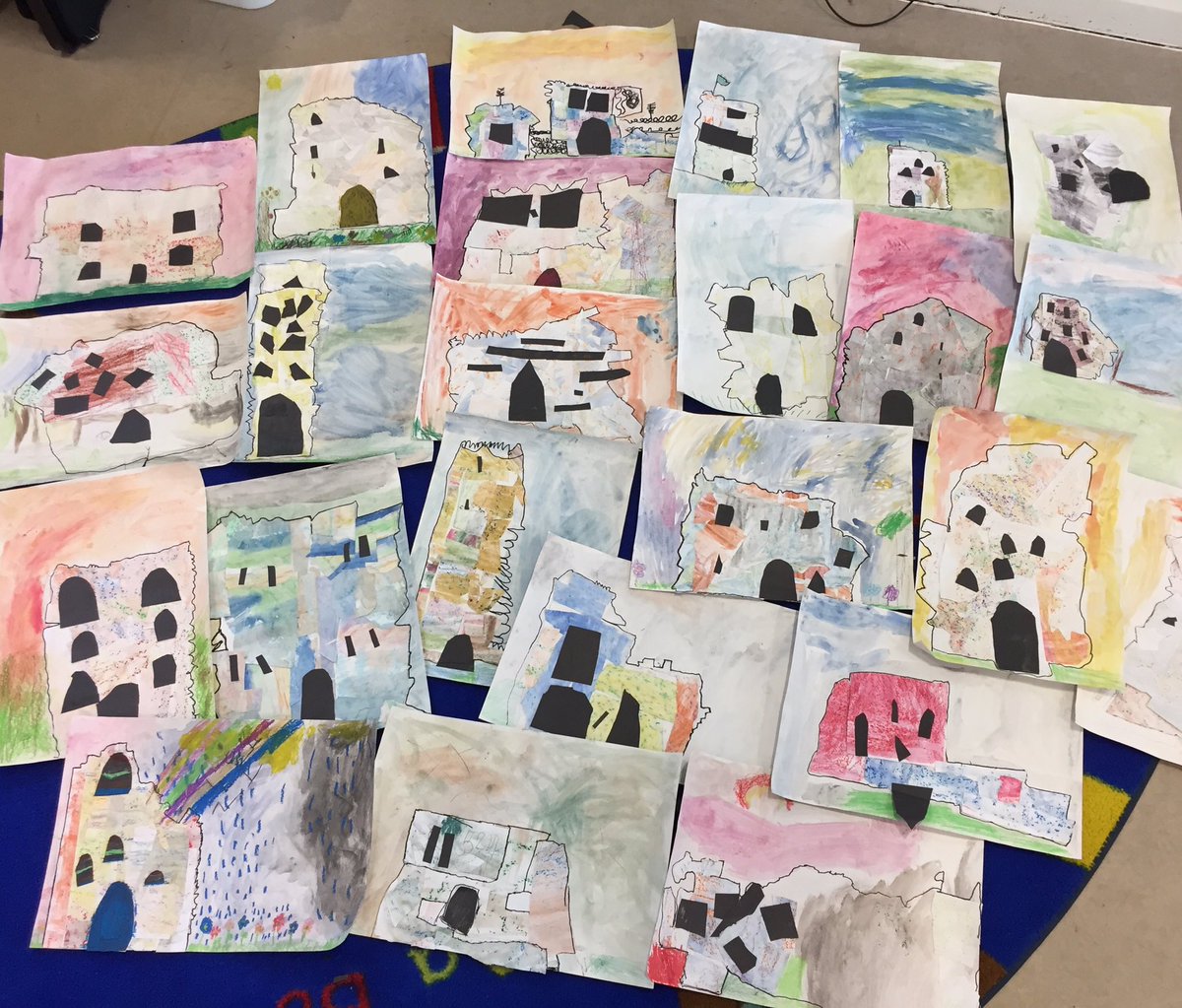 JaneCarlisleArt's tweet photo. So delighted with the results of the ruined castle art project done with #ks1 children! Influenced by the watercolour skies of @ianscottmassie and mixed media castles of Adam King, each 4-6 yr old has created an individual artwork to be proud of 👌 #kidsart https://t.co/wi9RBboGRL