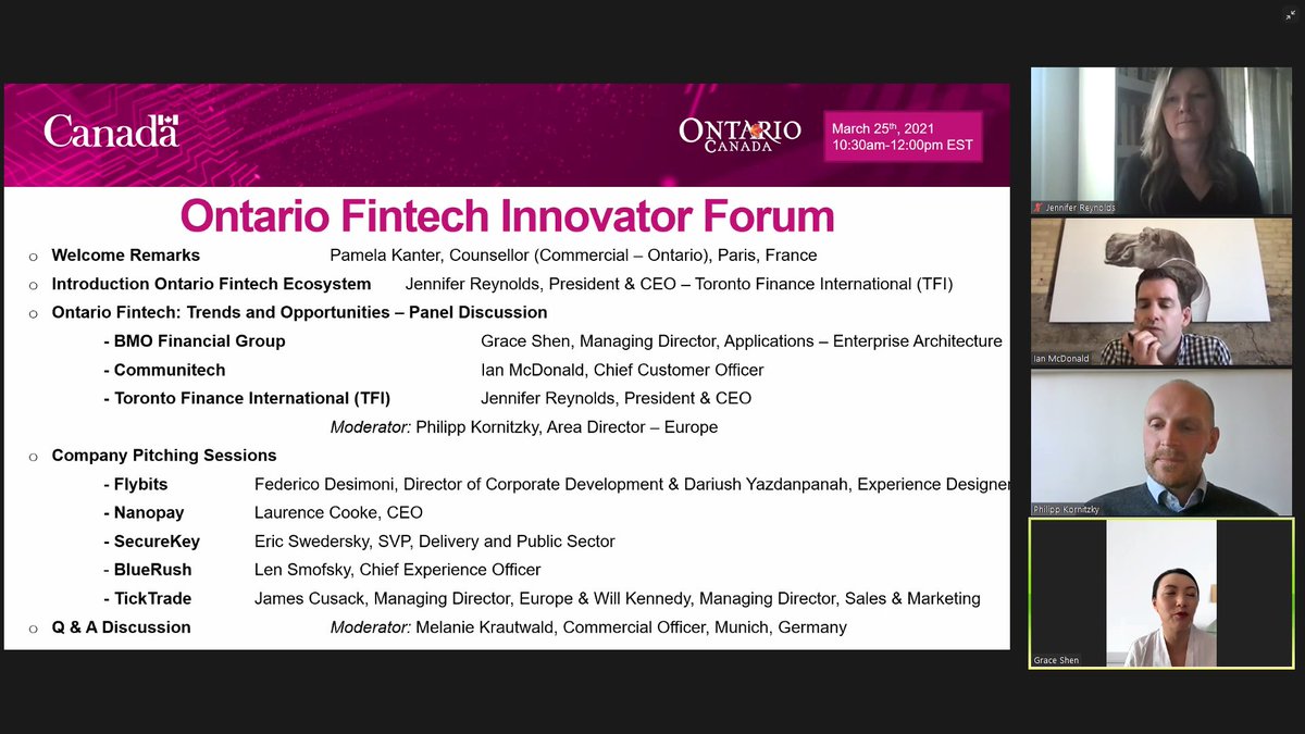 AmbCanAllemagne's tweet photo. Le #ForumInnovation Fintech Ontario d’aujourd’hui a réuni des entreprises et organisations canadiennes novatrices pour présenter l’écosystème #Fintech de l’#Ontario et proposer des solutions intéressantes aux acheteurs d’Allemagne, du Royaume-Uni, de France et d’Italie. https://t.co/xdmWCHbFIF