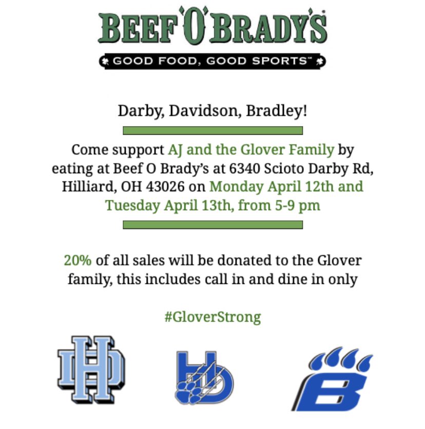 Panthers, let’s show our support for fellow Hilliard student, AJ Glover💙🤍 Come to Beef O’ Brady’s Monday April 12th to show our love. #GloverStrong
