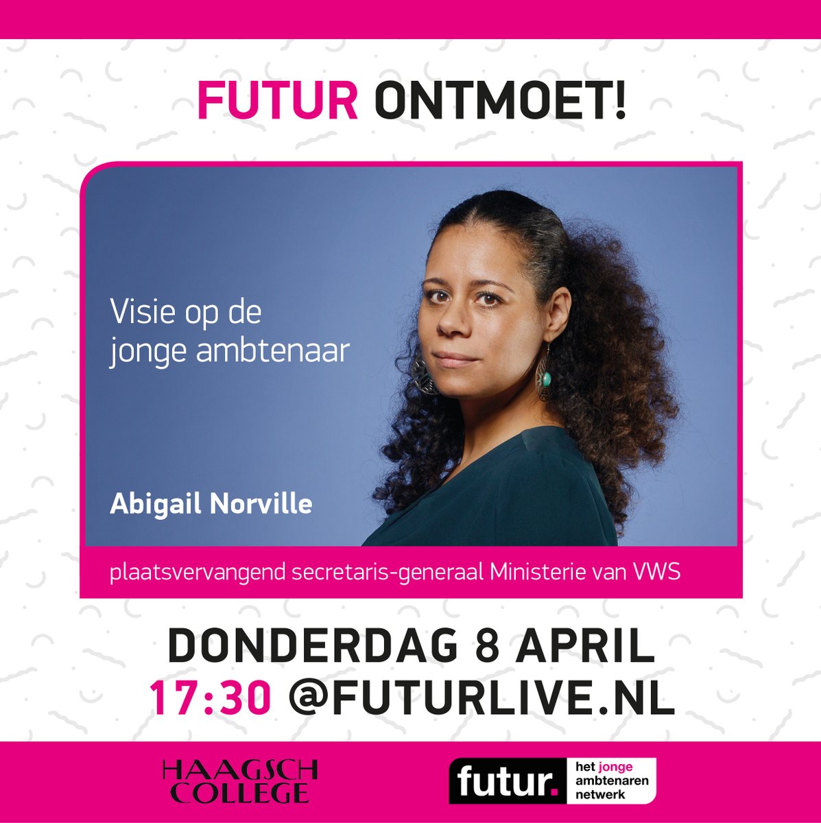 Het 1e thema wat we op donderdag 8 april bespreken met Abigail Norville tijdens FUTUR Ontmoet is haar Visie op de jonge ambtenaar. Benieuwd? Of heb jij zelf een vraag aan Abigail? Schrijf je snel in via het evenement op futur.nl. Stel jouw vraag via info@futur.nl.