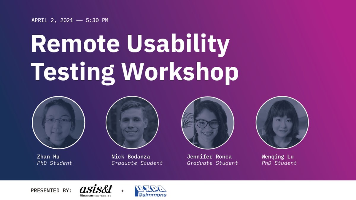 SimmonsASIST's tweet photo. Interested in UX research? Join us for the Remote Usability Testing Workshop on Friday, April 2 at 5:30 p.m. 

Attendees will have the chance to participate in a live remote usability testing workshop!

Register: https://t.co/tddIuNykms. https://t.co/IT0G4Lbkrk