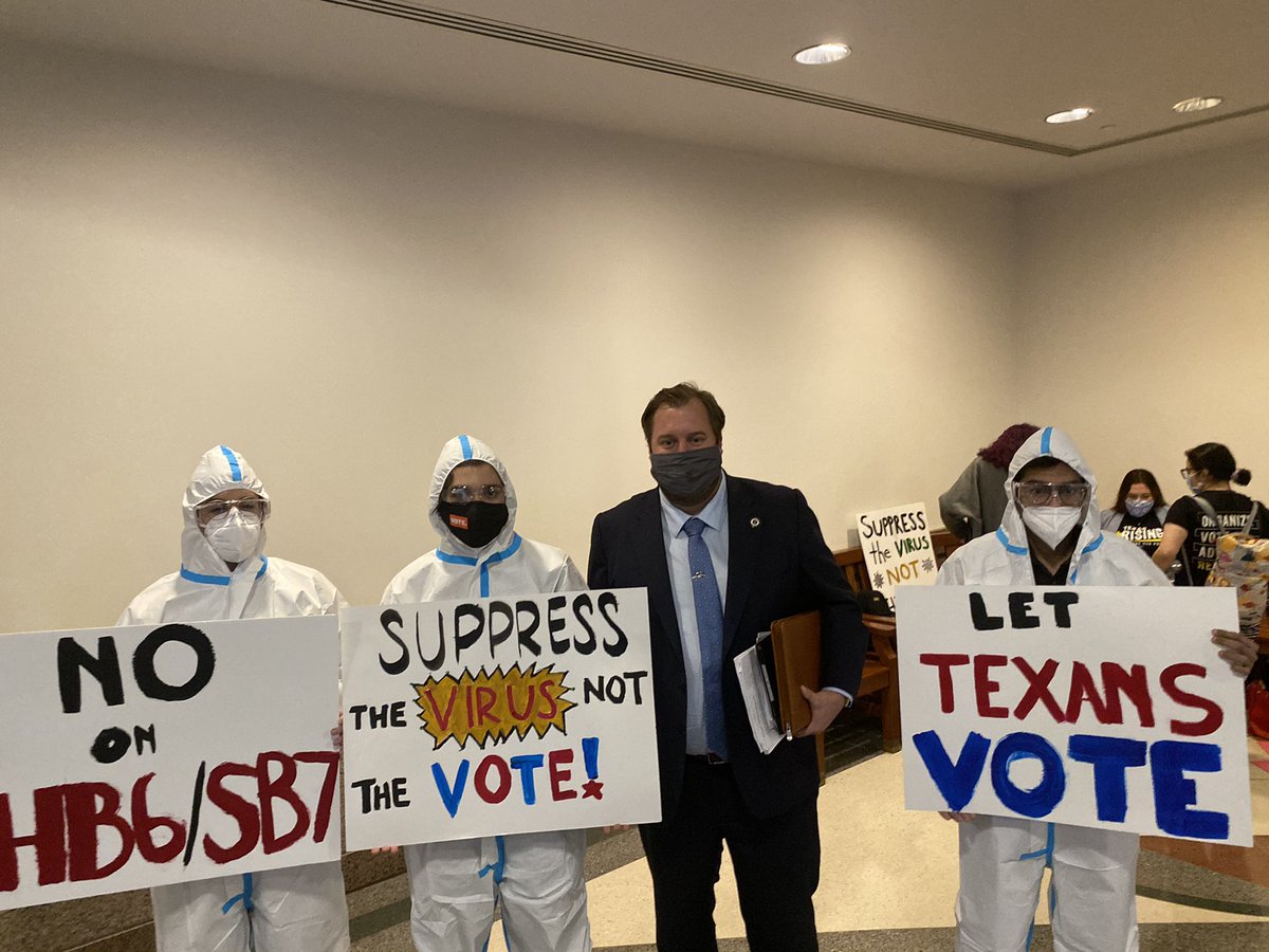BucyForTexas's tweet photo. Three weeks ago the Secretary of State’s office told us the 2020 election in Texas was a success, and was smooth and secure.
These activists are right. We need to suppress the virus, not the vote! #txlege https://t.co/7q74I3f7QC