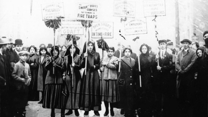 KUngernyc's tweet photo. 110 years ago today. 146 dead. Young immigrant women, mostly Jewish &amp; Italian. Killed by the calculations of owners who faced no penalty. 
The outrage spurred organizing &amp; laws that changed so much. 
110 years later the struggle for life over profit continues. 
#TriangleFire https://t.co/NdmYTyPbJX
