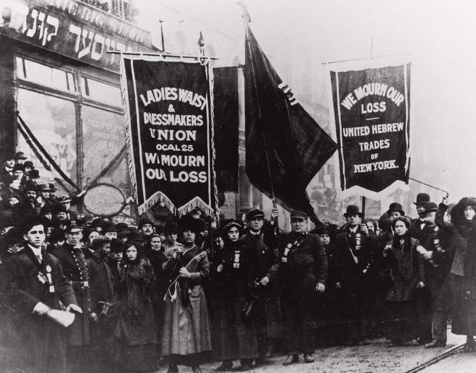 KUngernyc's tweet photo. 110 years ago today. 146 dead. Young immigrant women, mostly Jewish &amp; Italian. Killed by the calculations of owners who faced no penalty. 
The outrage spurred organizing &amp; laws that changed so much. 
110 years later the struggle for life over profit continues. 
#TriangleFire https://t.co/NdmYTyPbJX
