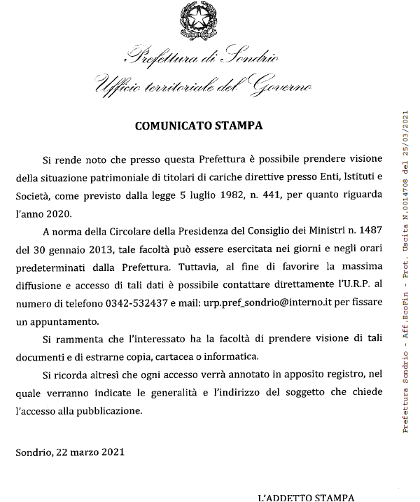 AltareziaNews's tweet photo. Presso la Prefettura di Sondrio è possibile visionare la situazione patrimoniale di titolari di cariche direttive presso enti, istituti e società. Per fissare un appuntamento a tal fine contattare direttamente l'URP al numero 0342-532437 o tramite mail urp.pref_sondrio@interno.it https://t.co/4lOEdmu72X