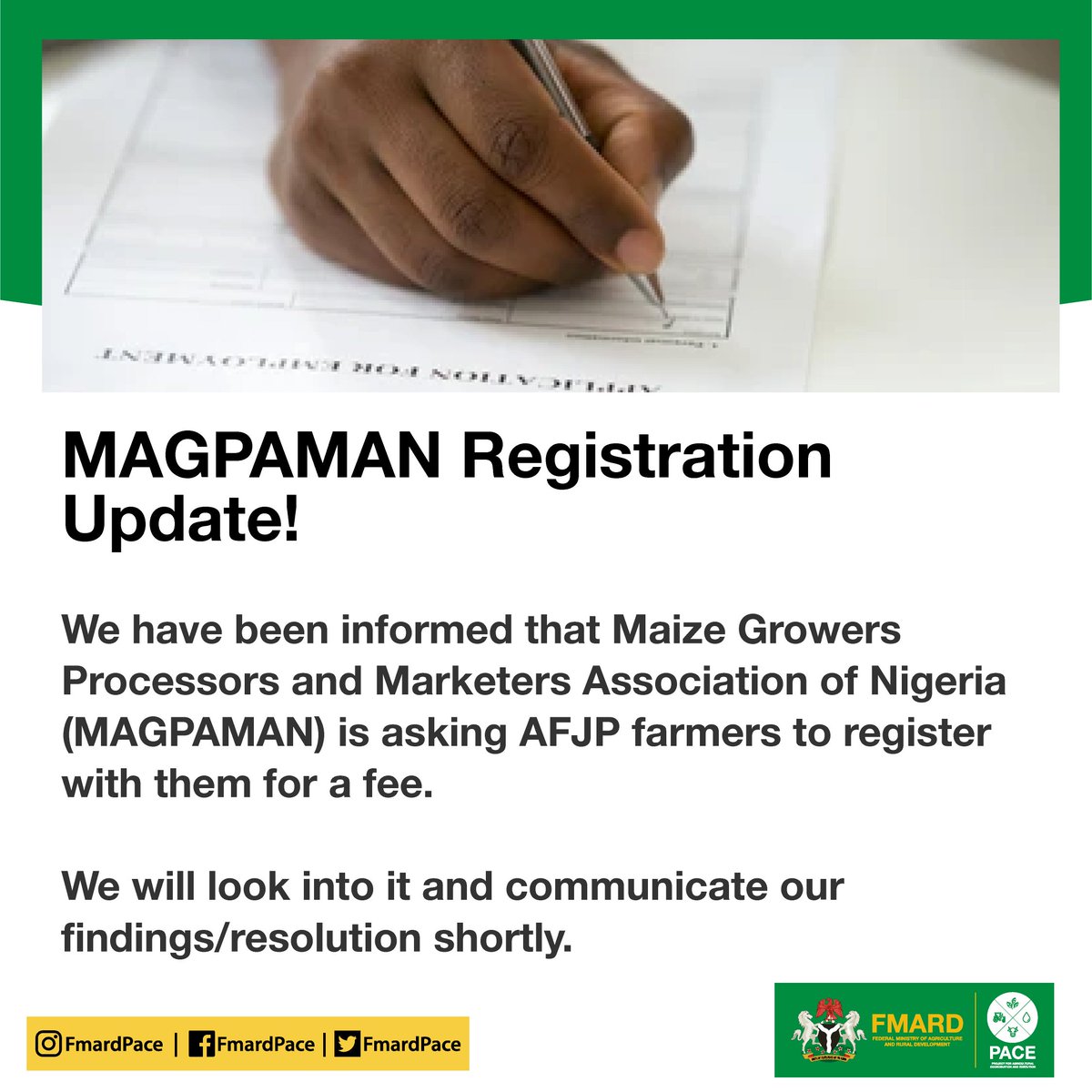 0xfelixbag's tweet photo. MAGPAMAN Registration Update!

We have been informed that Maize Growers Processors and Marketers Association of Nigeria (MAGPAMAN) is asking AFJP farmers to register with them for a fee.

We will look into it and communicate our findings/resolution shortly. https://t.co/wmvNJhTzi5