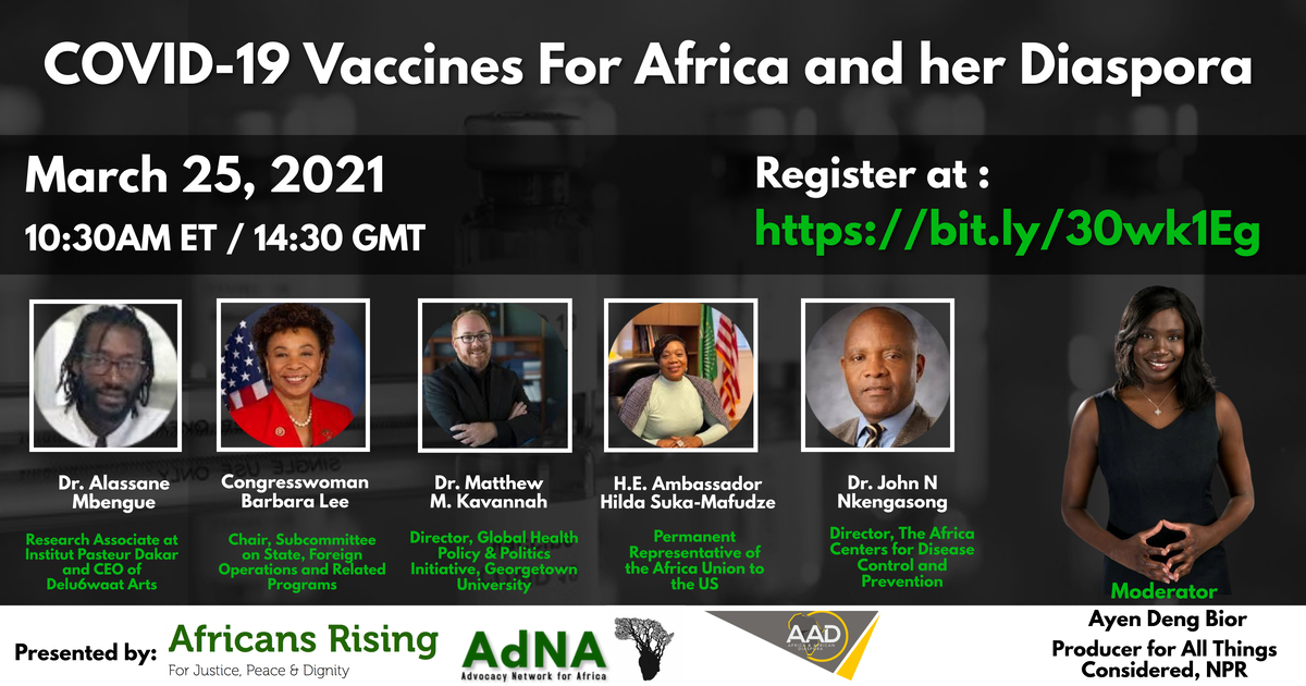 Saving Maandeeq (@savingmaandeeq) on Twitter photo COVID-19 Vaccine for Africa and her Diaspora.
It is at today, March 25th @ 10:30 am ET/14:30 GMT Register & join.
<a href="/RepBarbaraLee/">Rep. Barbara Lee (Archived)</a> <a href="/AdNAUbuntu/">AdNA-Ubuntu</a> COVID-19 Vaccine for Africa and her Diaspora.
It is at today, March 25th @ 10:30 am ET/14:30 GMT Register & join.
<a href="/RepBarbaraLee/">Rep. Barbara Lee (Archived)</a> <a href="/AdNAUbuntu/">AdNA-Ubuntu</a>