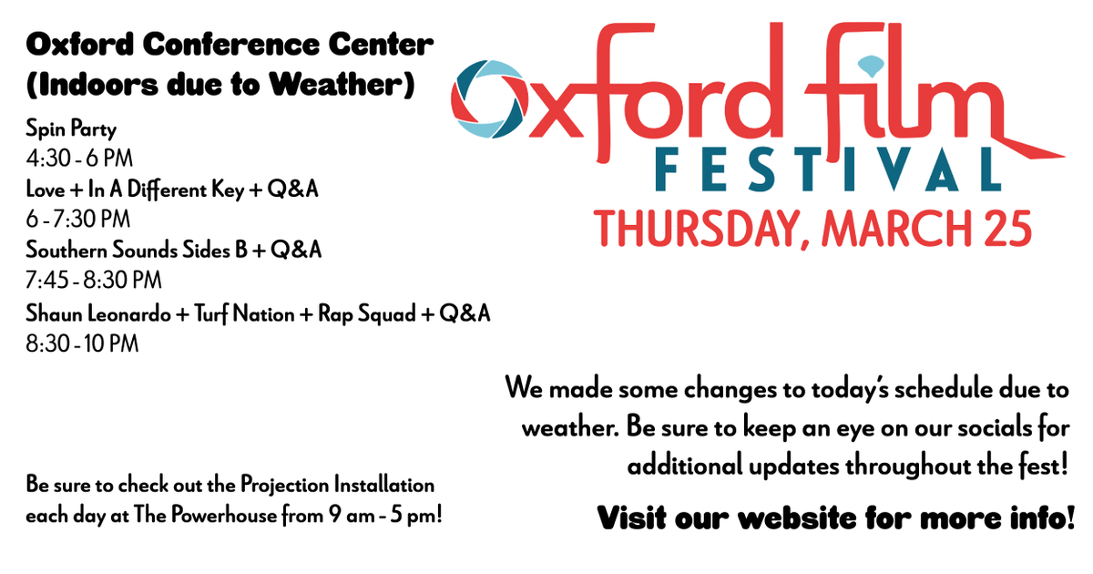 oxfordfilmfest's tweet photo. With Day One of this year’s fest in the books, we’re gearing up for another great day at #oxff, with a few weather changes.
View our complete schedule here: https://t.co/lYCtXJMm4j https://t.co/piQ2NMCNP3