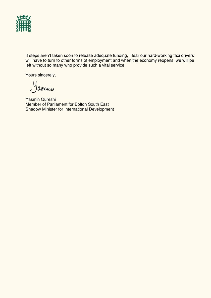 I have written to <a href="/boltoncouncil/">Bolton Council</a> calling for emergency support to taxi drivers who have been #ExcludedUK 

LAs like <a href="/BuryCouncil/">Bury Council</a> have provided grants and funding to taxi drivers to support them during these tough times

Our cabbies need support to weather the coronavirus storm