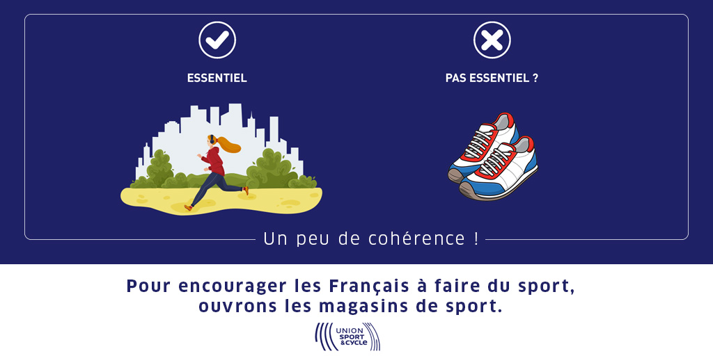 UNIONs_c's tweet photo. Le @gouvernementFR invite à reprendre une activité physique mais les #commerces d'articles de #sport restent fermés ds 16 départements
Une décision incohérente et préjudiciable aux Français : comment pratiquer un sport correctement si son commerce est fermé ? #MonSportMonCommerce https://t.co/aZVpZc5ACK