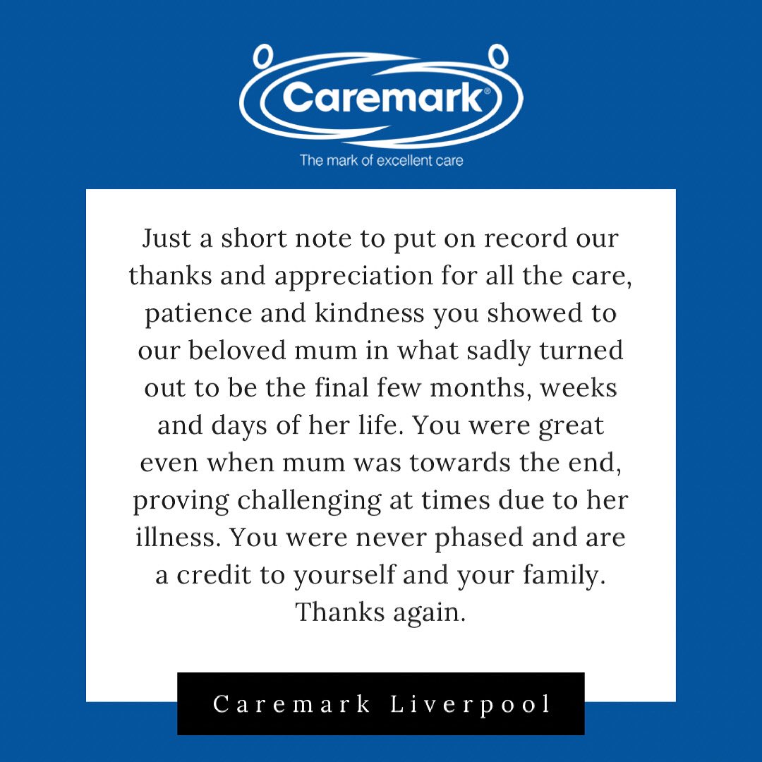 Truly touching feedback for a member of our Care &amp; Support Team. For our staff, providing care is not just a ‘service’ - it’s about making a difference. 💙

#Homecare #LiveInCare #Caremark #CaremarkLiverpool #Care #StayHome #StaySafe #Healthcare #CareAtHome #Liverpool #Dementia