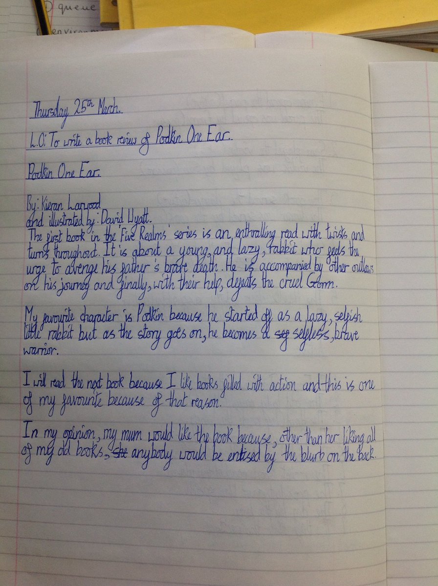LjiWood's tweet photo. This afternoon we have been writing book reviews for our class novel, Podkin One-Ear by @kmlarwood, before we move on to book two in the five realms series 😊 https://t.co/Depchkh8eE