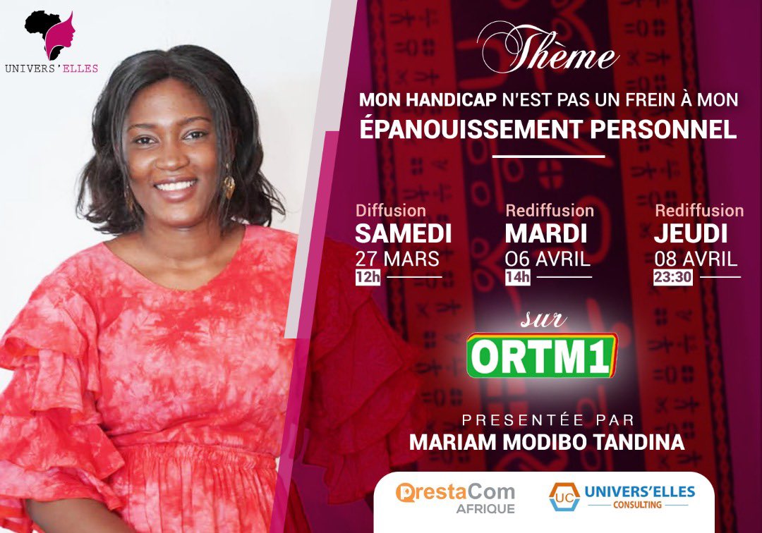 Ce Samedi nous parlerons des défis liés au #Handicap. 
Suivez nous sur l’ORTM1 pour en savoir plus. 
<a href="/EllesUnivers/">Univers’elles</a> 
<a href="/PrestacomN/">PRESTACOM NIGER</a> 
#universelles_consulting
<a href="/HI_UnitedStates/">Humanity & Inclusion U.S.</a> 
<a href="/UNHumanRights/">UN Human Rights</a> <a href="/eu_echo/">EU Civil Protection & Humanitarian Aid 🇪🇺</a> <a href="/UNOCHA/">UN Humanitarian</a> <a href="/UN_HRC/">UN Human Rights Council</a>