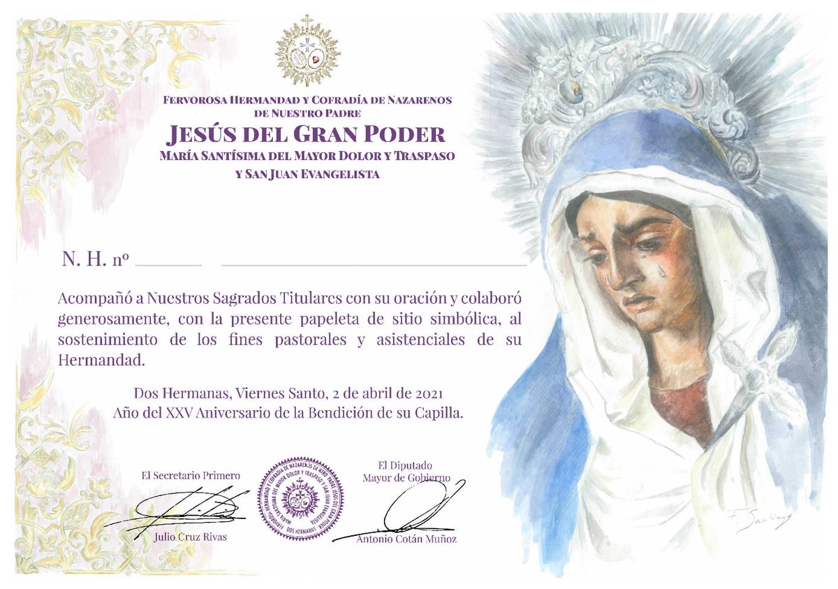 Este año la Hdad repartirá a los hermanos que así lo soliciten, una papeleta de sitio simbólica. Las mismas han sido realizadas por el artista nazareno Francisco Santiago <a href="/FSarte83/">Francisco Santiago</a>, siendo el diseño gráfico obra de Valle Impresores, a los que agradecemos su generosa colaboración.