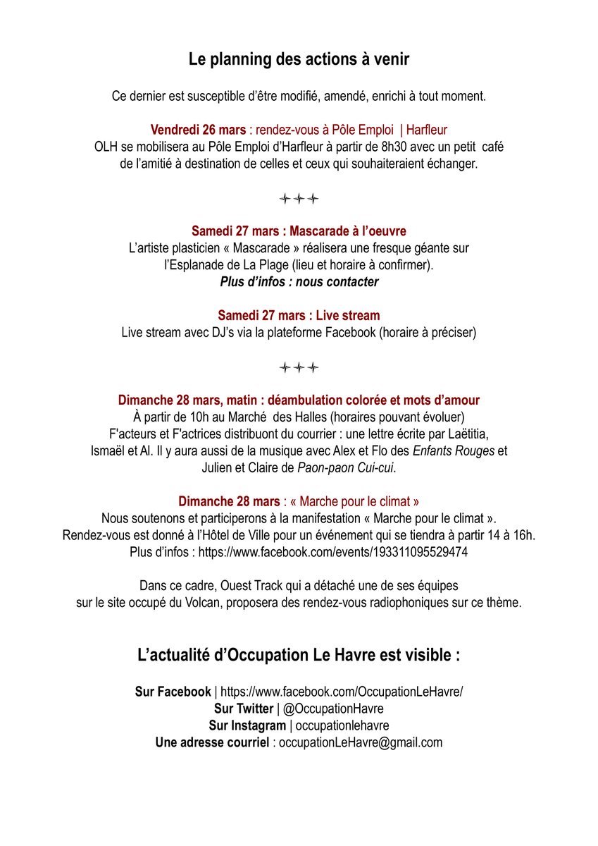 OccupationHavre's tweet photo. 👉 Planning des actions de fin de semaine légèrement revu.
Plus d'infos :
Facebook | https://t.co/KQNl7rwmh4
Twitter | @OccupationHavre
Instagram #occupationlehavre
📝 Courriel : occupationLeHavre@gmail.com
✊✊✊ https://t.co/CgP2lY1fwM