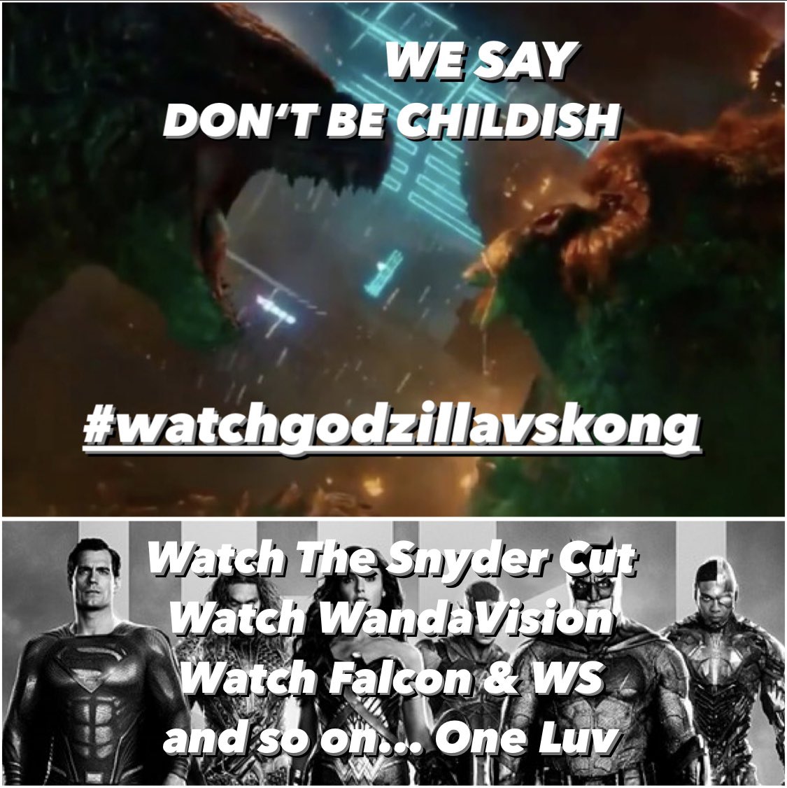 KDM_Monsters's tweet photo. #watchgodzillavskong ⚠️
Fandoms - Stay together 
Watch GvK - Watch the Snyder Cut - Watch WandaVision - Watch The Falcon and the Winter Soldier - Drop your weapons #GodzillaVsKong @GodzillaVsKong #kong #Godzilla #dropyourweapons https://t.co/3N1H86Tl9x
