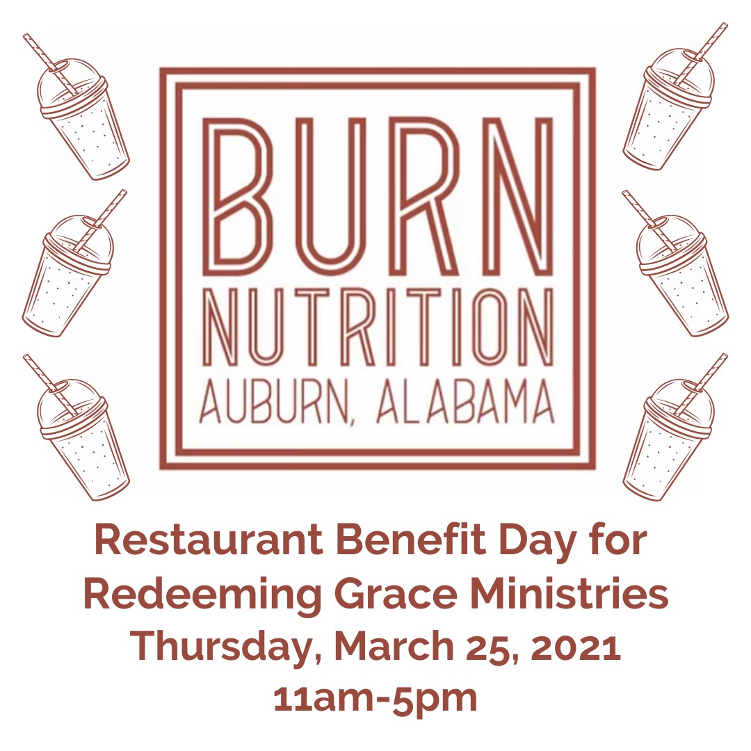 grace_redeeming's tweet photo. TODAY is the day! Visit Burn Nutrition, 1345 Opelika Rd, Auburn between 11 a.m. and 5 p.m.  Ten percent of all purchases will be donated to RGM! #burnnutritionauburn #rgm #benefitday https://t.co/reBxvHn5kT