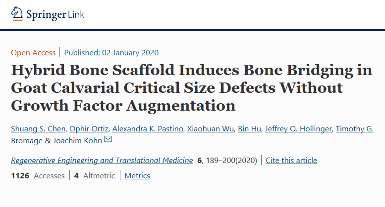 RegEngTranslMed's tweet photo. Read our top downloaded 2020 article:
"Hybrid Bone Scaffold Induces Bone Bridging in Goat Calvarial Critical Size Defects Without Growth Factor Augmentation"
by @joachimkohn and coworkers
https://t.co/oJ2zDwSgYt
#retm #boneregeneration #regenerativescaffold #sharedit https://t.co/9IxvKOMVEn