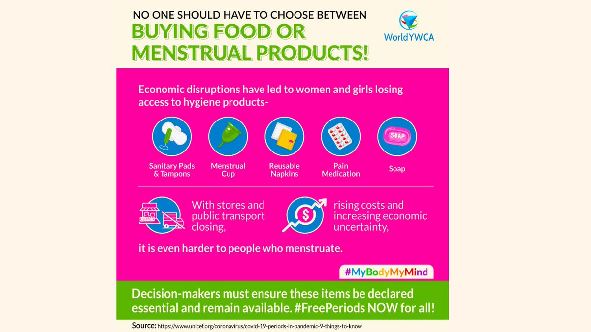 worldywca's tweet photo. Menstruating people are facing an immense crisis and a dearth of resources during this pandemic. 

Do you think menstrual products should be accessible &amp; free for all, especially during global health crisis like COVID-19? If yes 💯, share this &amp; tag #FREEPeriods #MyBodyMyMind! https://t.co/il7ZkkvhSA